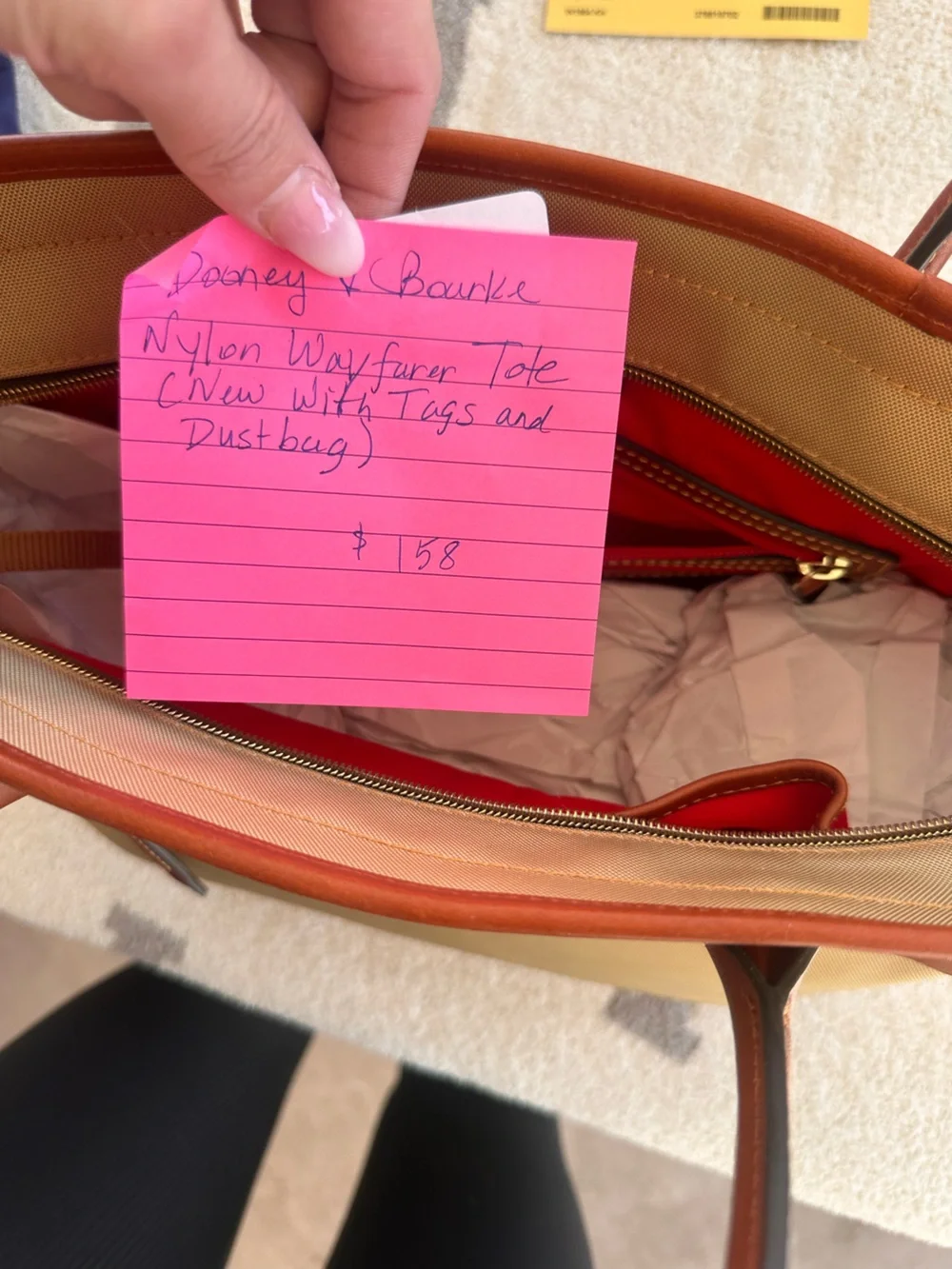 Classic Tan Canvas Tote with Brown Leather Trim Dooney